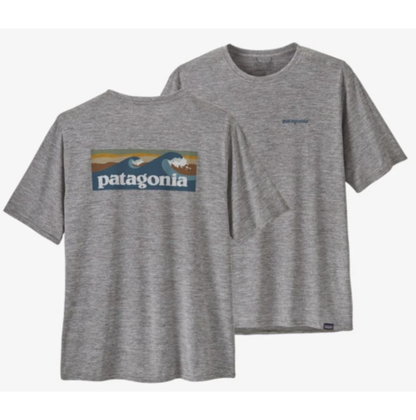 Patagonia Men's Capilene Cool Daily Graphic Shirt - Waters Boardshort Logo Abalone Blue: Feather Grey